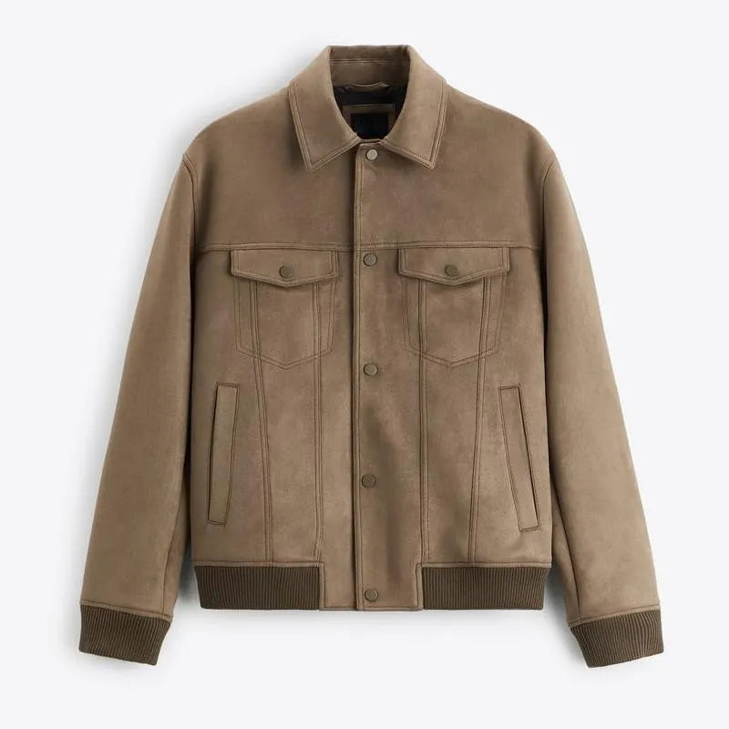 Suede velvet commuter jacket in British style with long sleeves available in light grey and mink colours