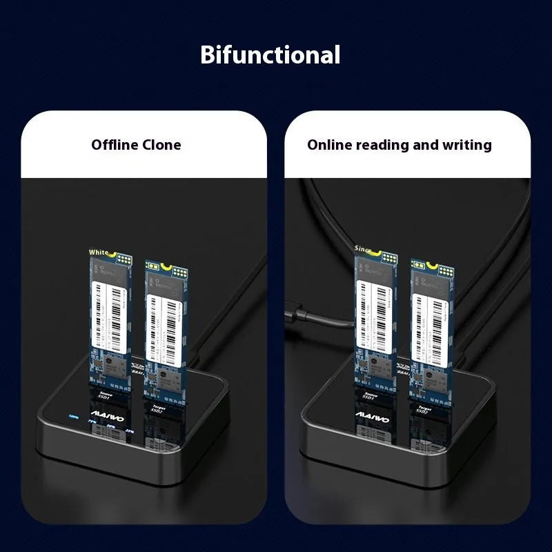 MAIWO K3016 M.2 SSD docking station and hard drive duplicator unit with cables.