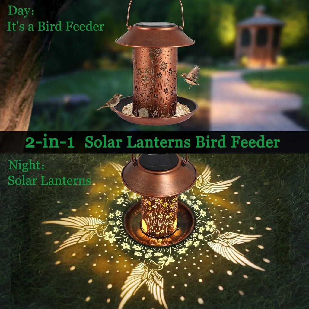 Solar-powered iron art bird feeder with hummingbird pattern, functioning as an outdoor garden lamp.