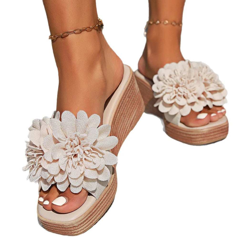Women's flower design wedge sandals with PU upper, fish mouth toe, and rubber sole in white