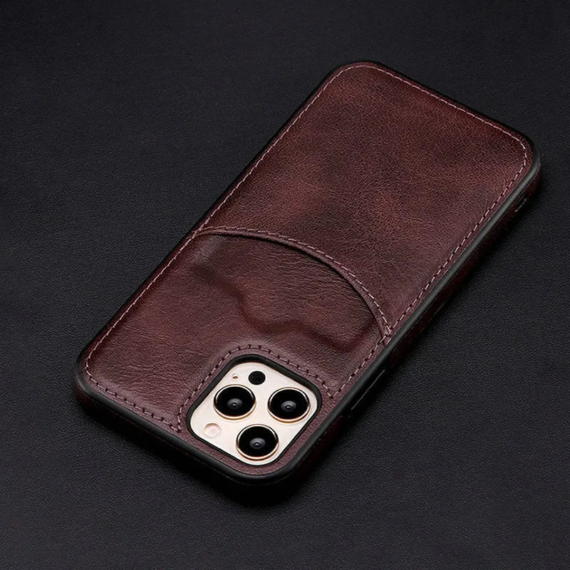 Dark blue PU leather protective case for iPhone models including iPhone 14 Pro Max and iPhone 13.