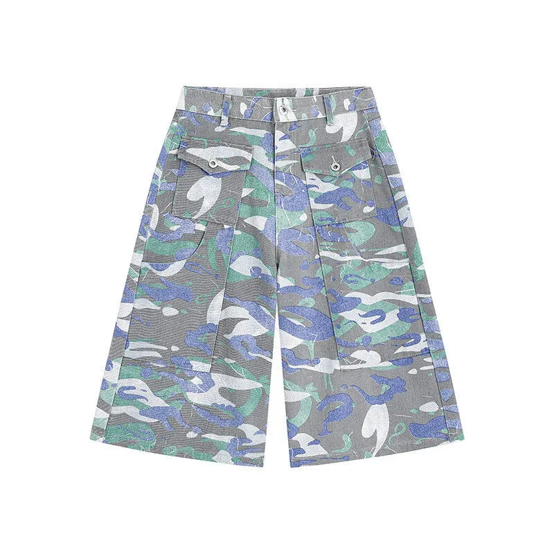 Camouflage denim work trousers with cargo pockets and straight leg cut