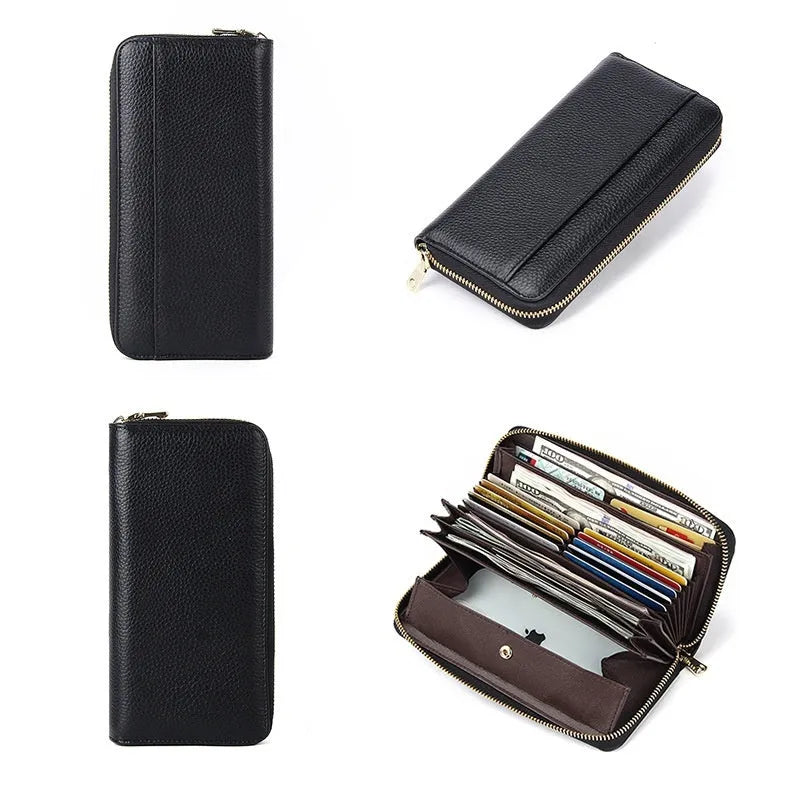 Genuine leather long women's wallet in solid colour with anti-theft card function