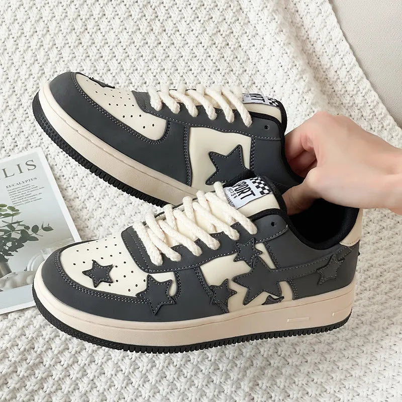 Unisex couple board shoes in beige, low top, breathable mesh lining and PU sole