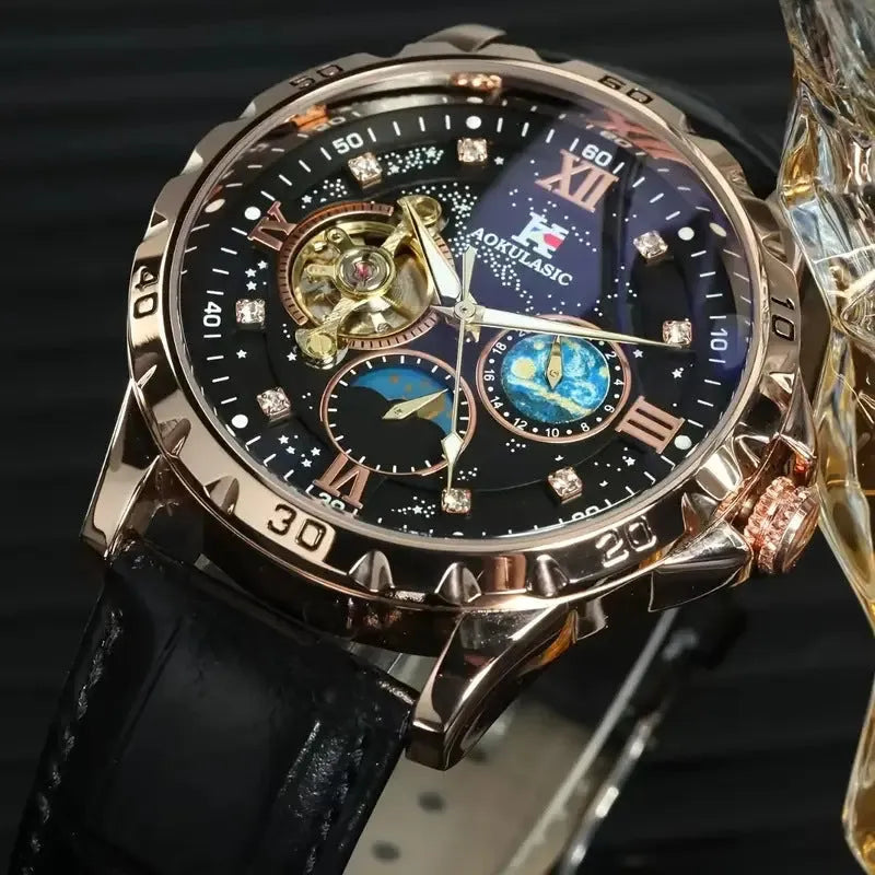 Large dial automatic mechanical watch with rose gold case, black leather strap, and visible skeleton movement