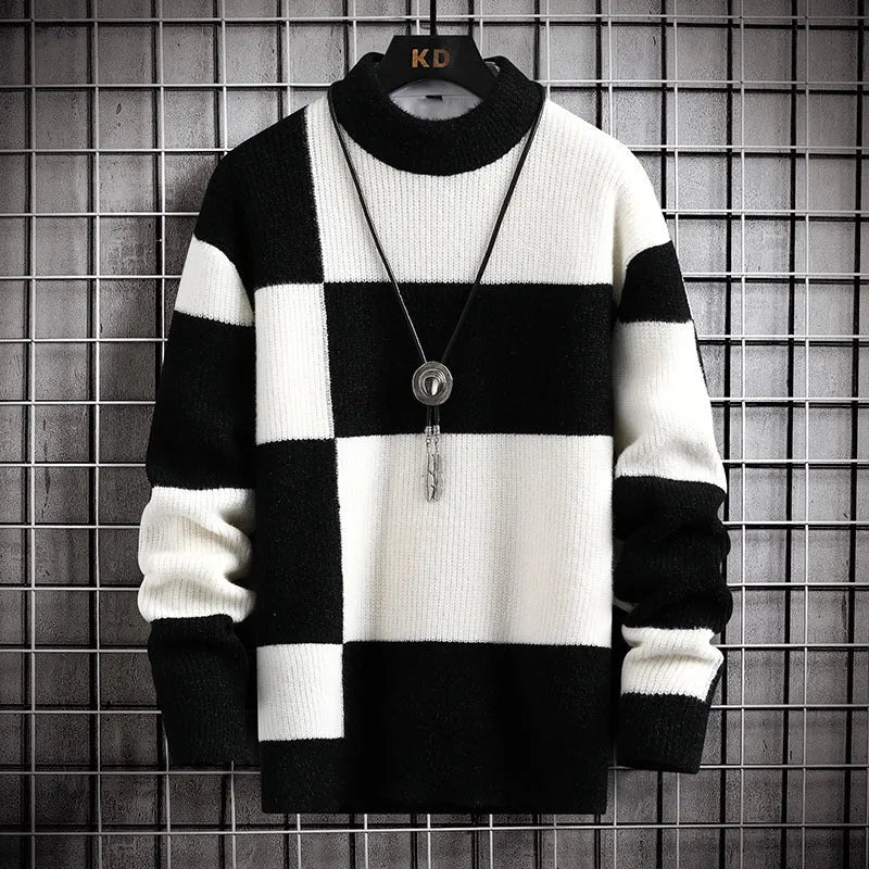 Polyester men's casual cardigan sweater coat in colour block design with black and white panels