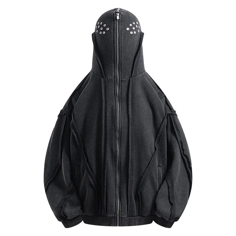 Black men's retro-style loose hooded cardigan coat with zip front and padding