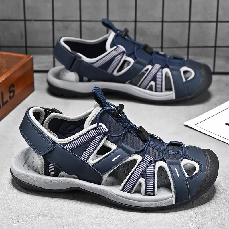 Men's blue outdoor sports shoes with velcro straps and a mesh upper on a rubber sole.