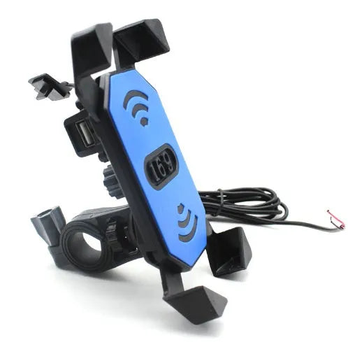 Black motorcycle phone holder mounted on handlebar with charging cable attached