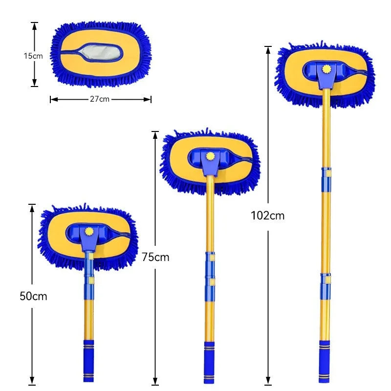 Telescopic curved rod car cleaning brush with aluminium chenille head in yellow and blue colour options