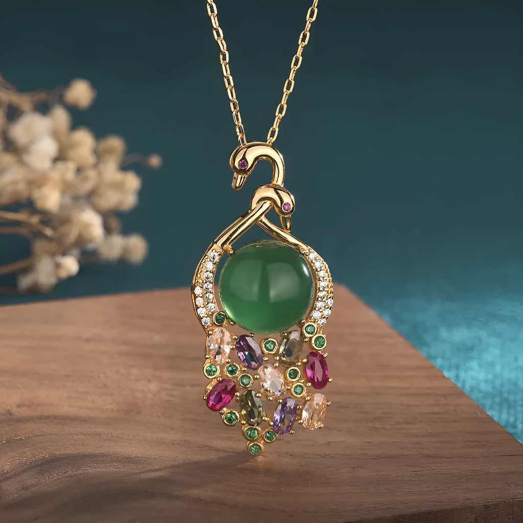 Green CP345 swan clavicle necklace with inlaid natural chalcedony and tourmaline in copper