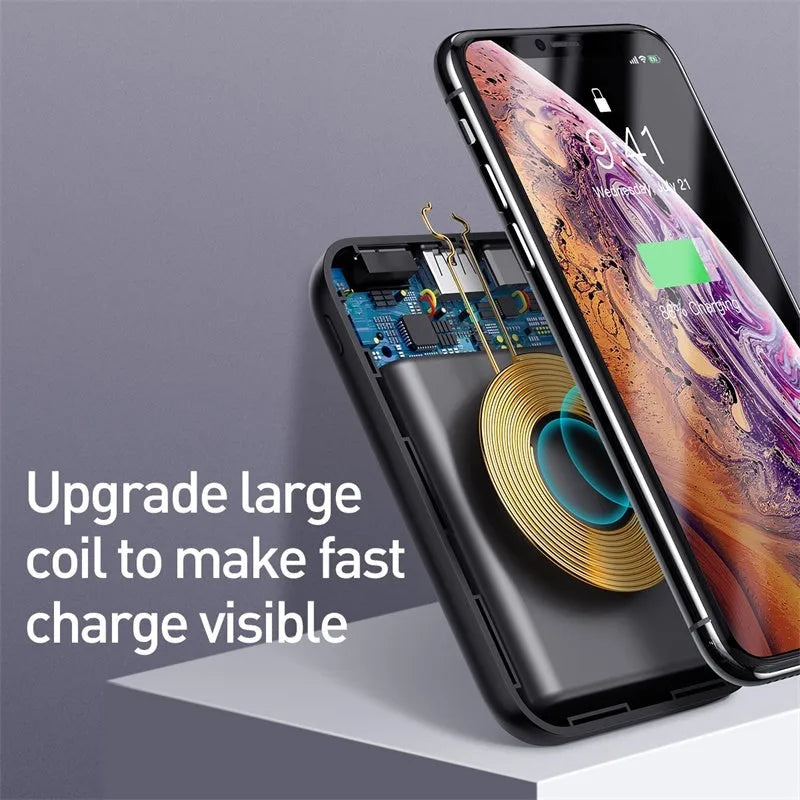 Square black wireless fast charge power bank with LED display showing battery percentage