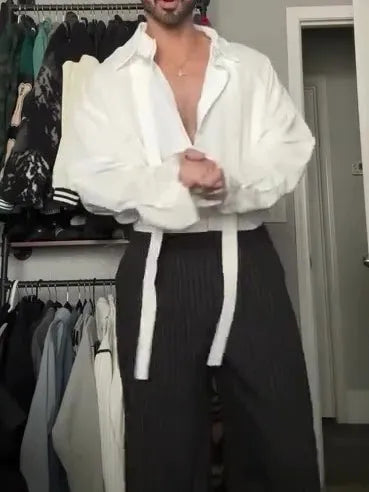 White oversized tie-front shirt with open collar, relaxed regular fit, plain polyester, S-3XL