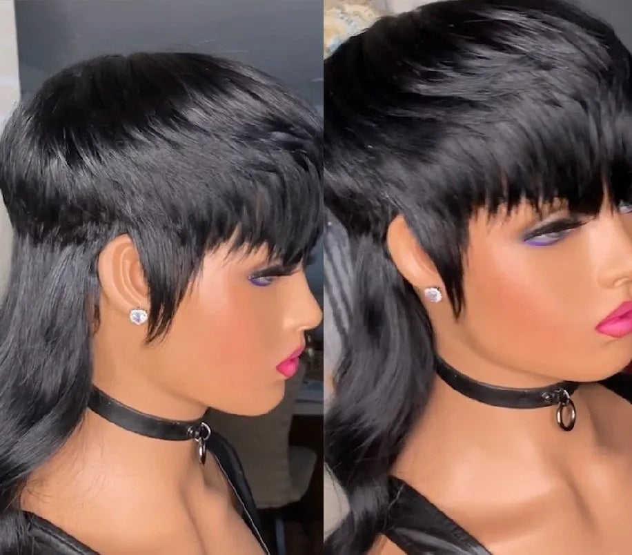 Black Brazilian wig with blunt bangs and long layered back made from high-temperature fibre