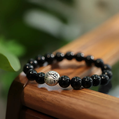 Handmade black agate and sterling silver bracelet with 10mm beads and Chinese style.