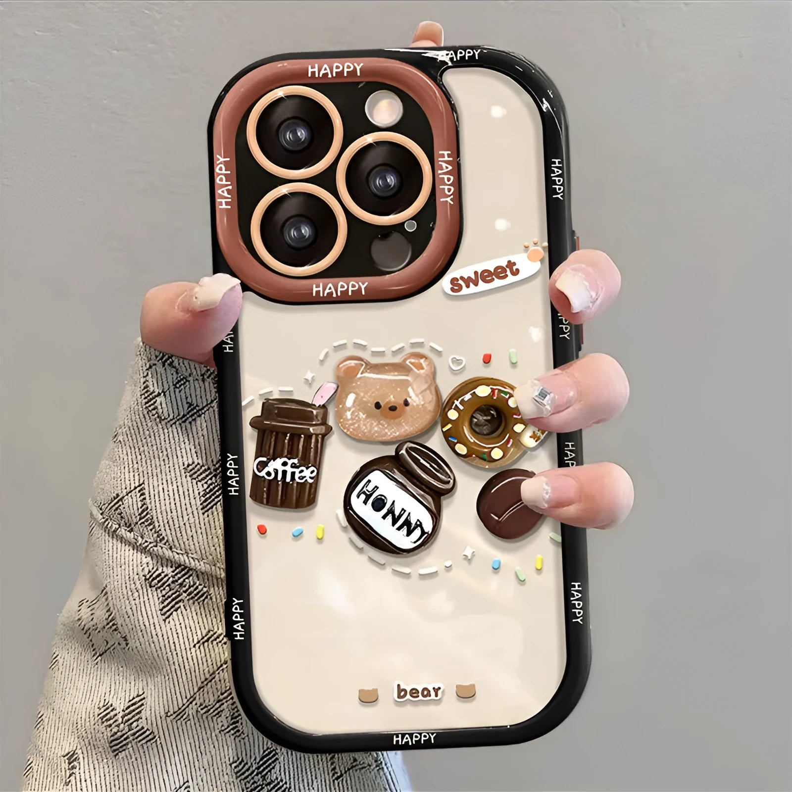 Coffee bear 3D doll pendant drop-resistant silicone phone case for Apple iPhone in cream black