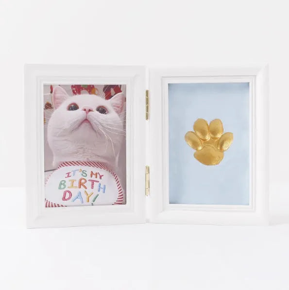 Solid wood palm print photo frame kit with gold paint, two 100g seal paste packs, brush, and colour box.
