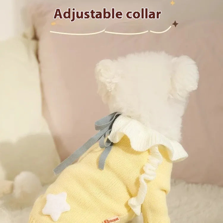 Yellow XINGX pattern acrylic dog sweater on a small dog, showing casual knitwear style.