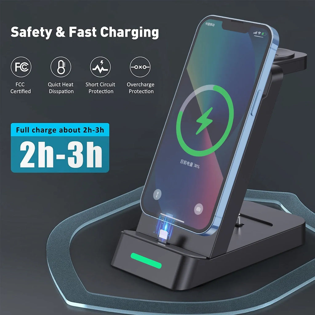 Black 3-in-1 wireless fast charging station holding a phone, AirPods case and an iWatch on a desk.