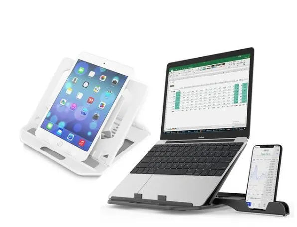 Adjustable notebook stand in black engineering plastic with seven angle positions on a desk
