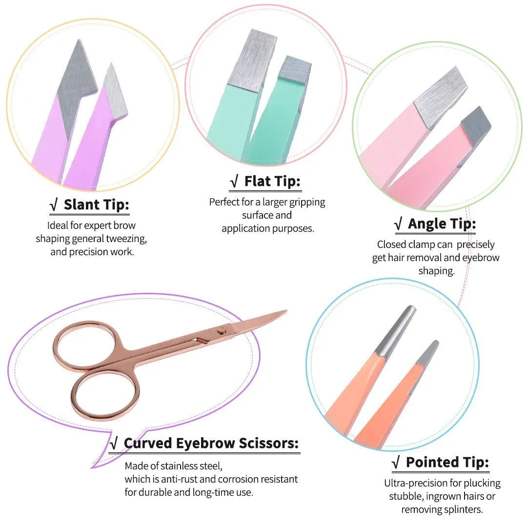 Professional 6-piece eyebrow tweezers set with stainless steel tools in leather protective case