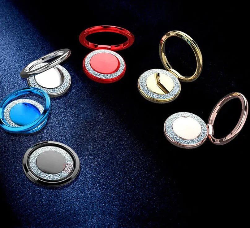 Bling glitter metal ring phone holder in rose gold colour, showing 360° rotation feature.