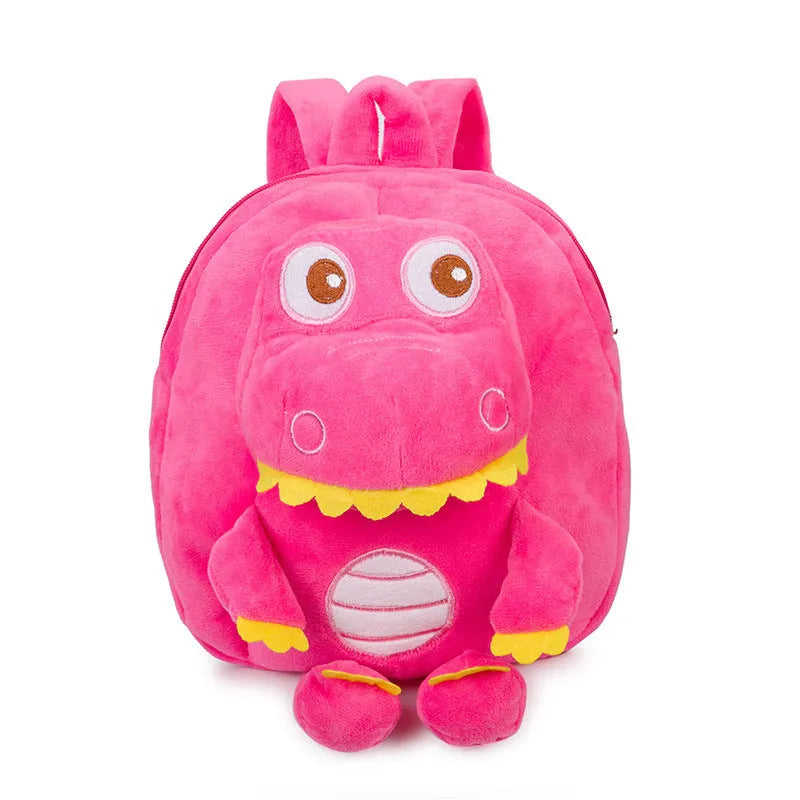 Blue soft plush dinosaur character backpack for children with embroidery, a soft handle, and backpack straps.