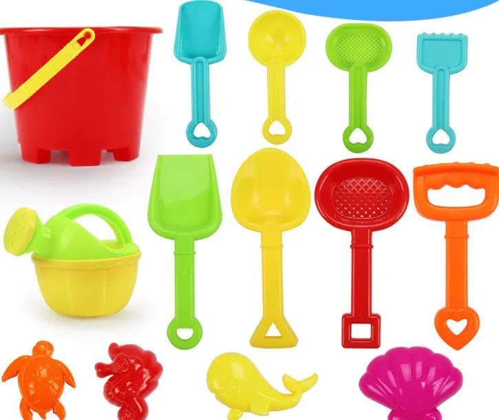 Plastic beach bucket set toy with 19 x 19.5cm bucket and randomly distributed accessory colours