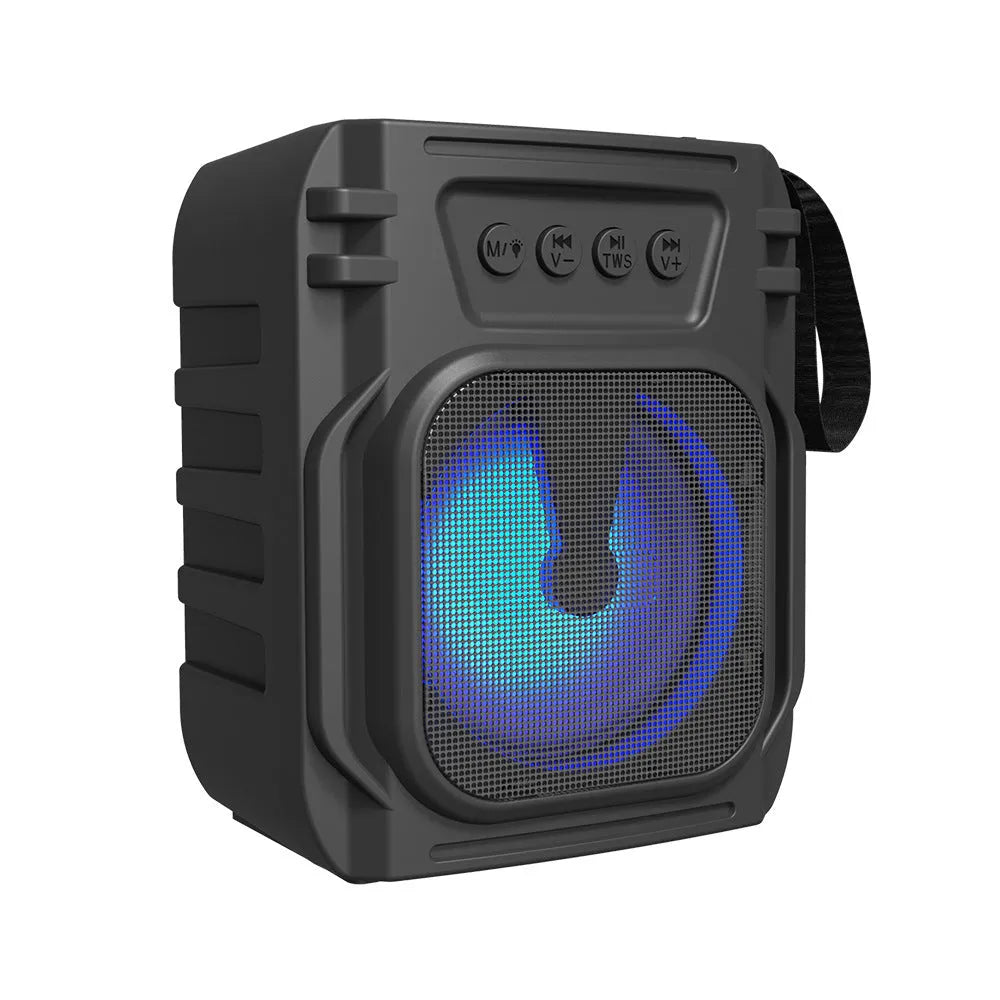 Blue portable Bluetooth speaker with FM radio function showing compact dimensions
