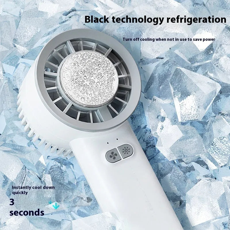 White handheld portable fan with turbo jet airflow and ice cooling function showing compact design