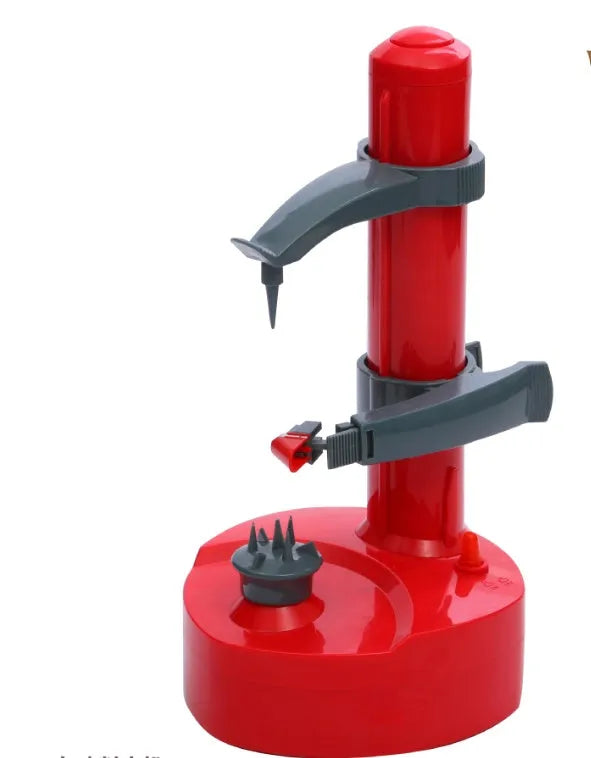 Electric fruit and vegetable peeler with stainless steel blades, white non-slip base, and UK plug on a white background