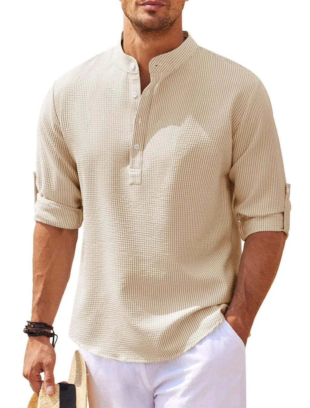 Men's stand collar button shirt with pineapple texture, loose fit polyester top in summer colours