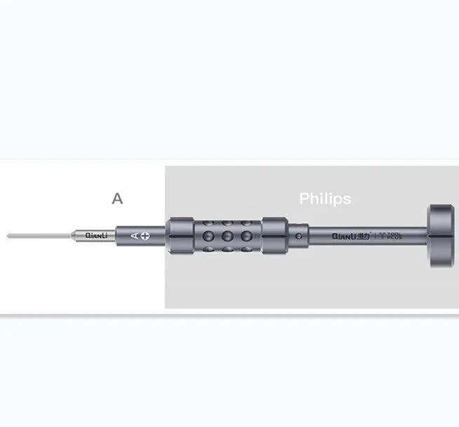 Compatible iPhone precision screwdriver with five bit types in a grenade-shaped aluminium handle.