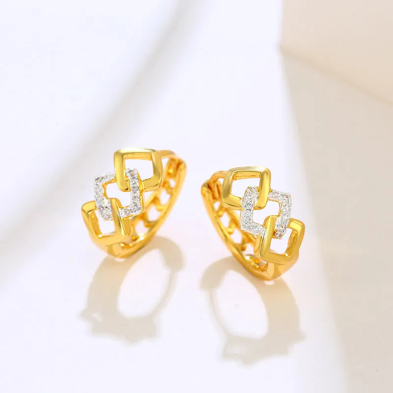 Geometric hollow-out gold earrings with colour separation style and electroplated alloy construction