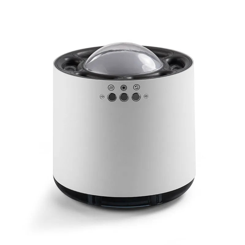 Simple white column desktop humidifier with colourful ambient lighting and six ultrasonic spray ports, 800mL tank, USB powered.