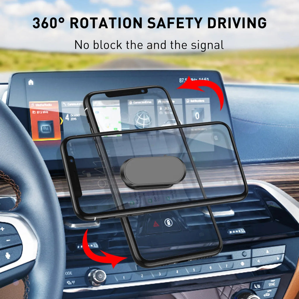 Black ABS 360-degree rotating magnetic car phone holder on dashboard with smartphone attached in portrait mode