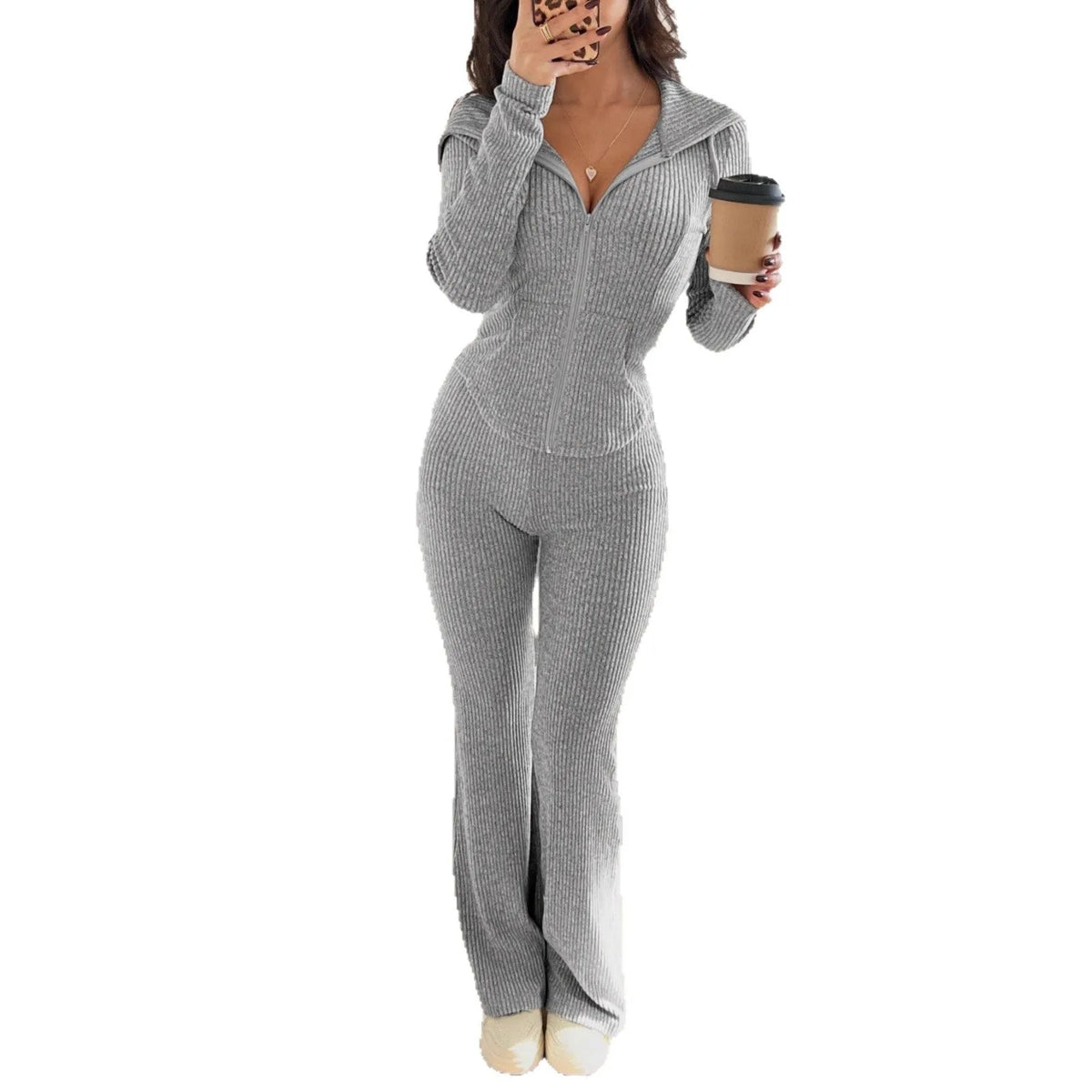 Women's long sleeve hooded tracksuit set with zip top and matching trousers in solid colour rib knit, wine red light grey apricot dark grey.