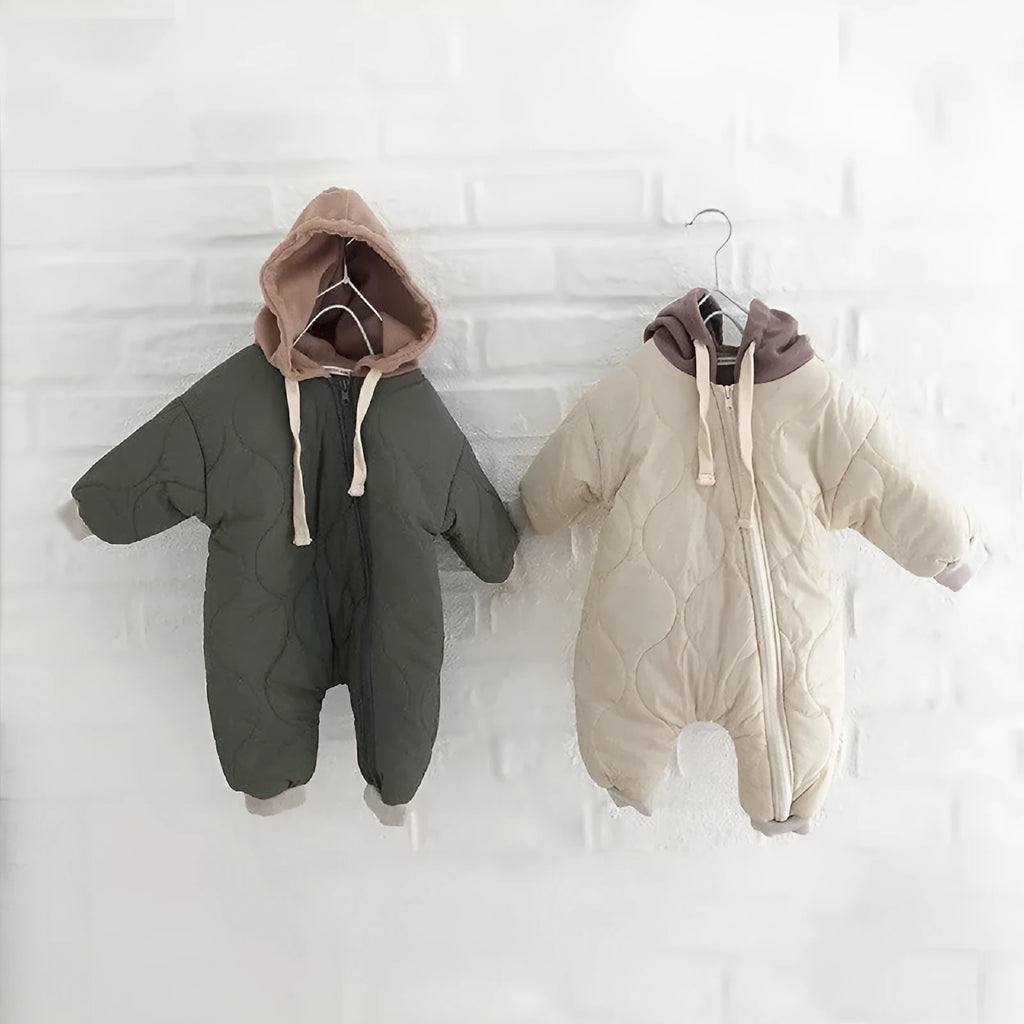 Baby padded quilted cotton kumpsuit with hat in beige, size 80cm