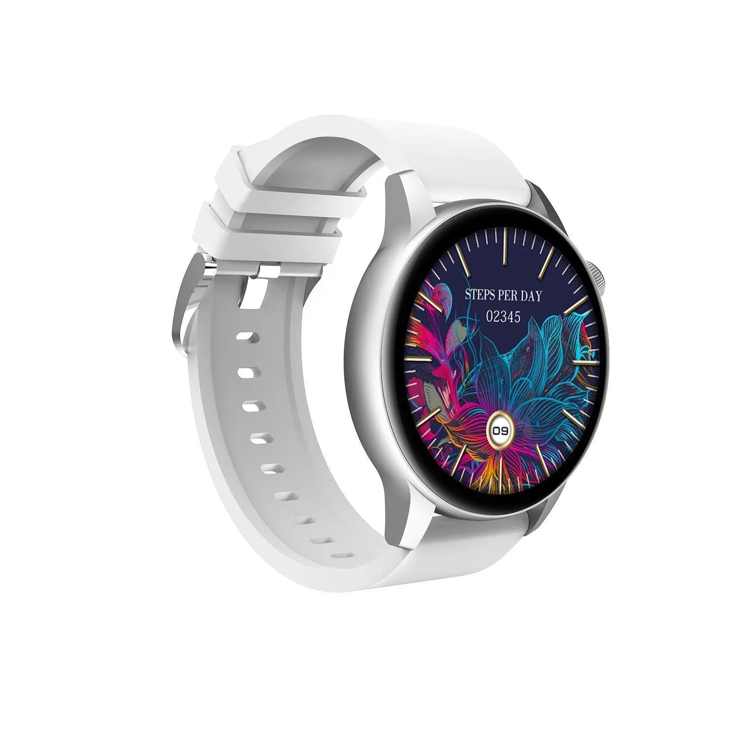Smart watch with colour screen and stainless steel body in black, pink, or silver.