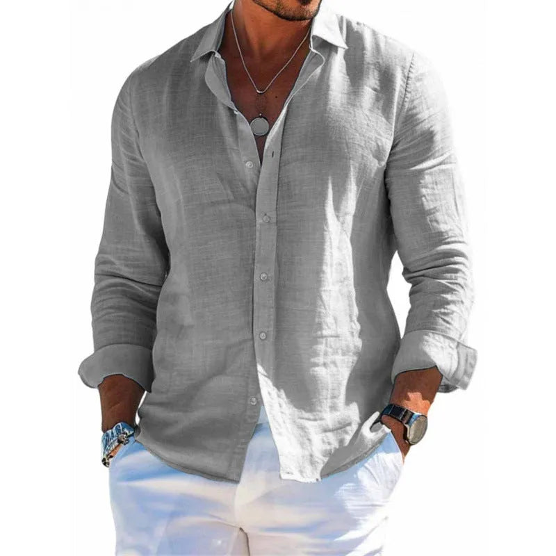 Men's long sleeve casual loose lapel button shirt in solid colour, sizes S to 6XL, polyester fibre