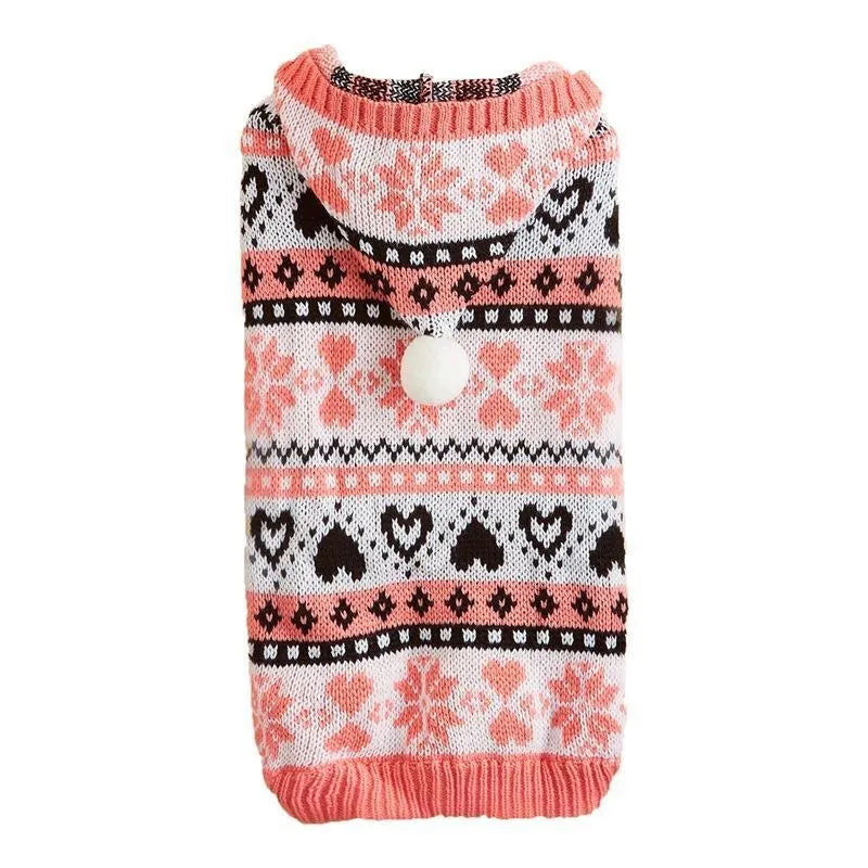 Acrylic knitted dog sweater with snowflake, love heart, and striped camouflage patterns in pink, blue, or grey colours
