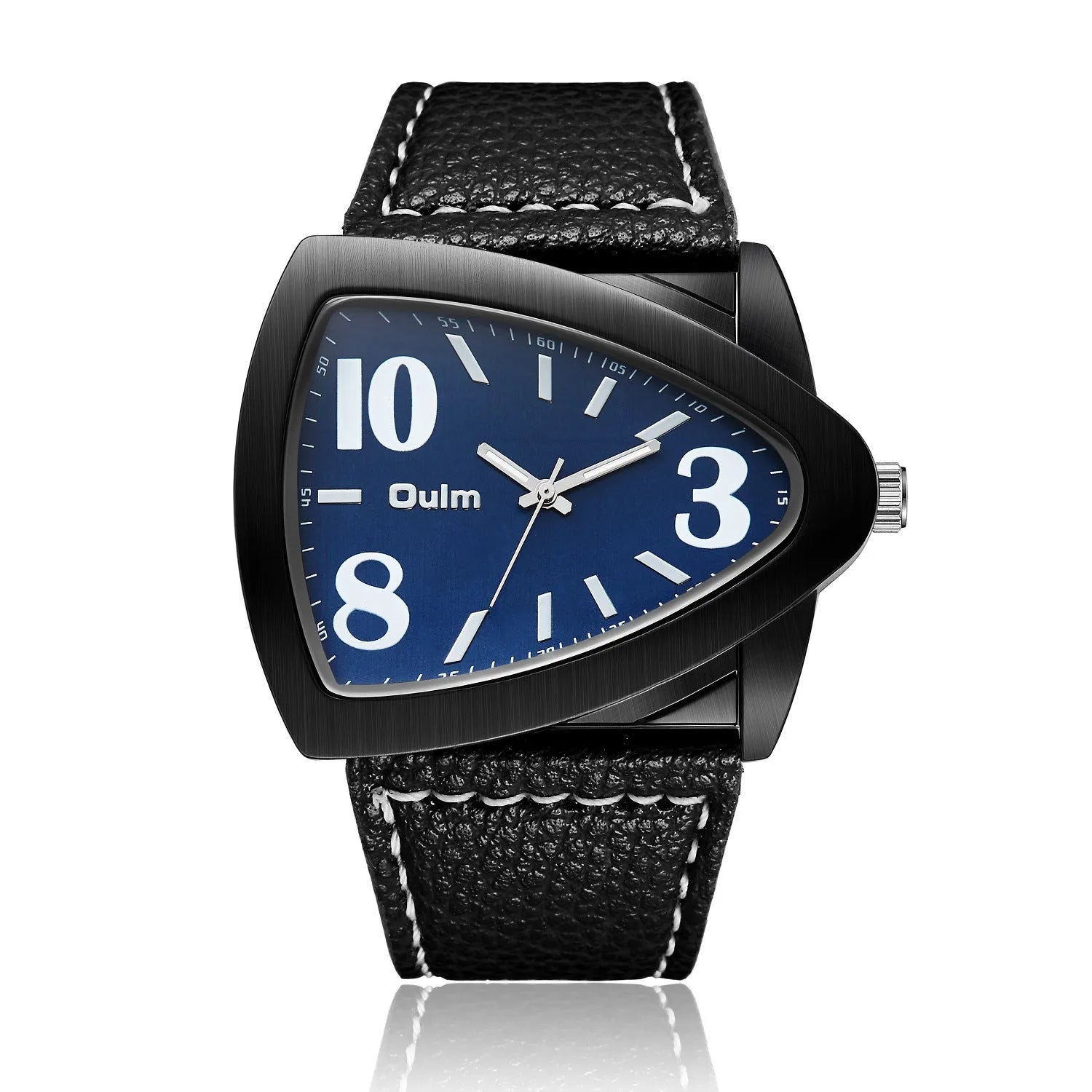 Men's slim casual watch with a triangle belt strap, shown in brown, black, and blue colour options.