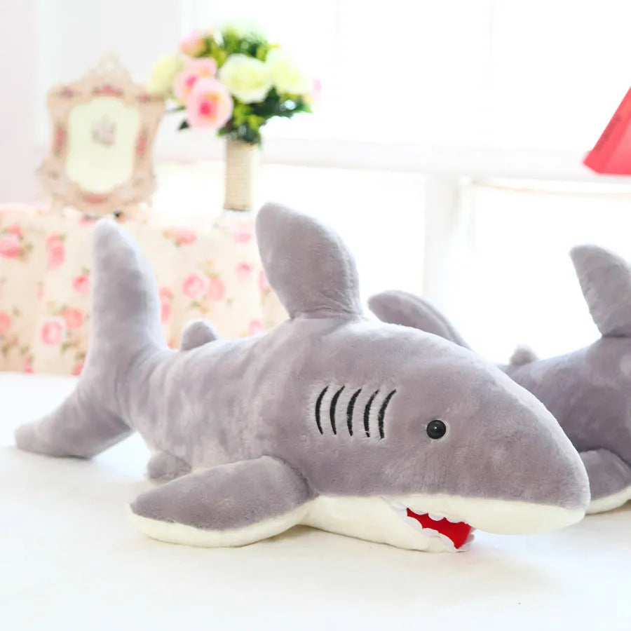 70cm grey shark plush toy with short plush fabric and PP cotton filling, shown against a neutral background