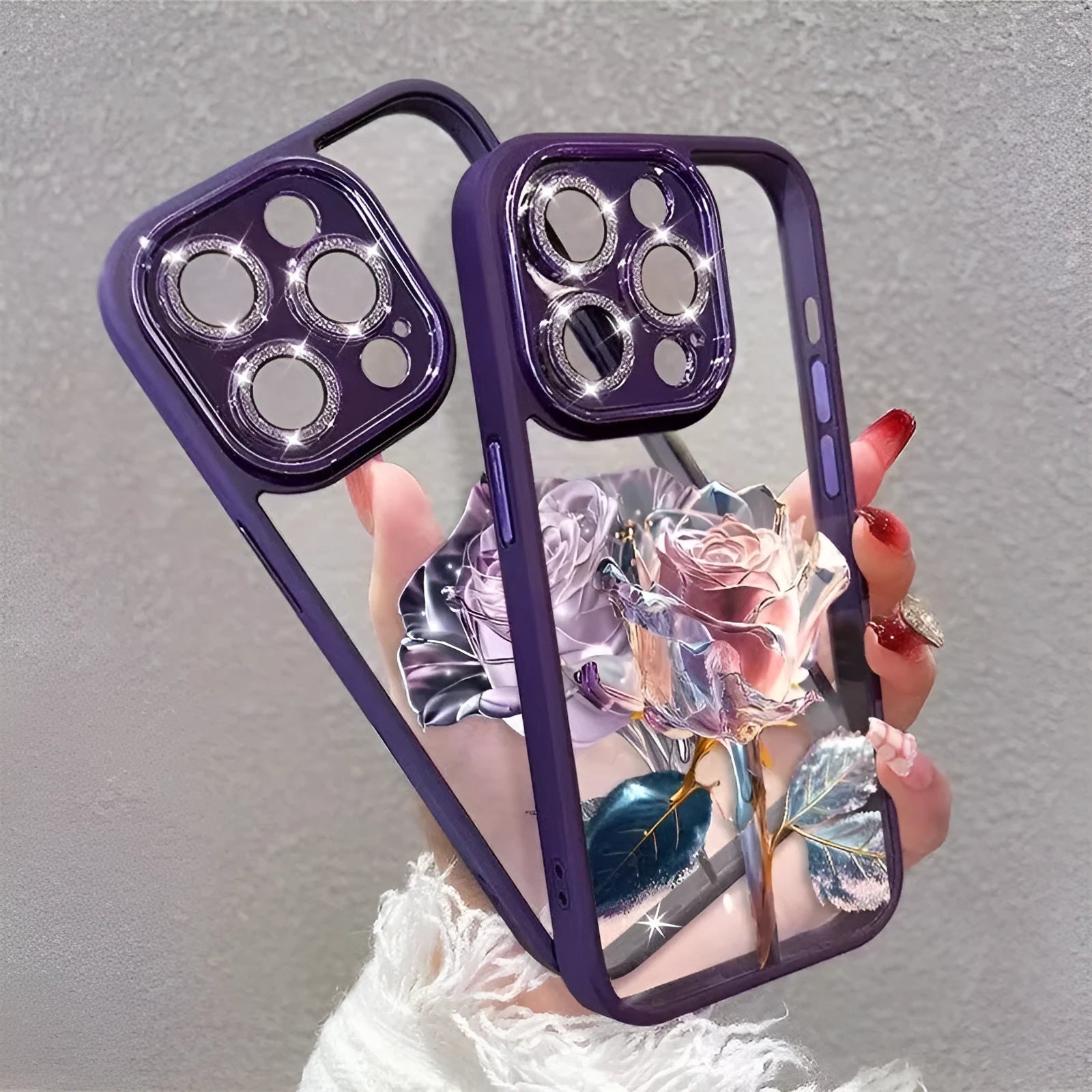 Dark Purple Fairy Rose TPU iPhone case with sparkling pink lens film for camera protection
