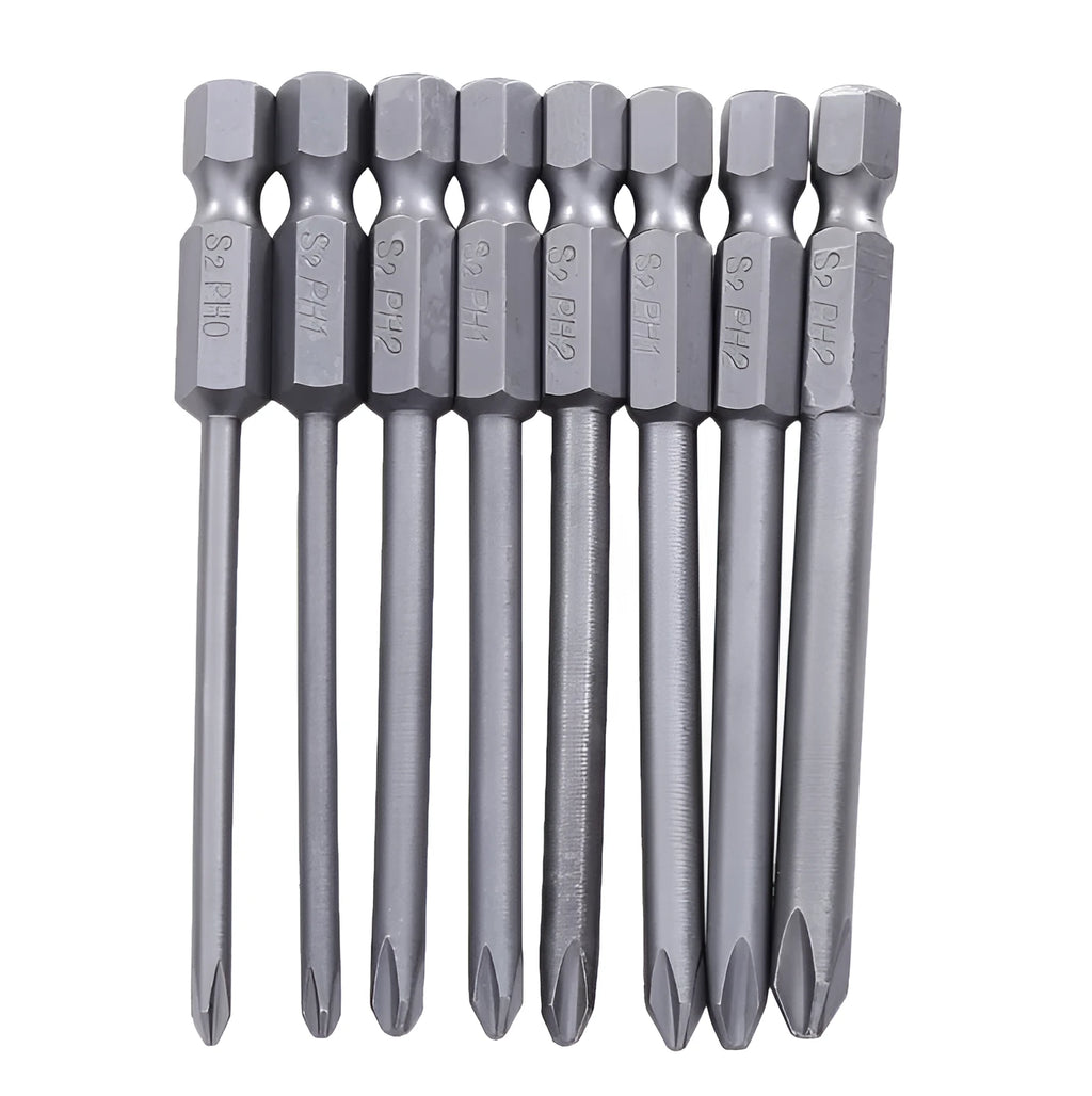 Eight magnetic cross-head screwdriver bits on a white background, showing Phillips tips and hex shanks.