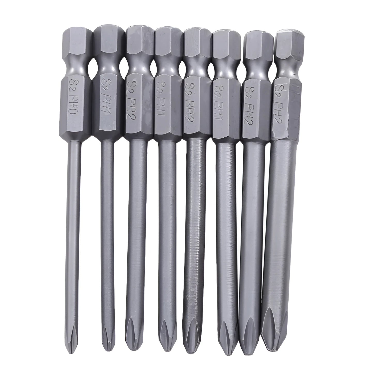 Eight magnetic cross-head screwdriver bits on a white background, showing Phillips tips and hex shanks.
