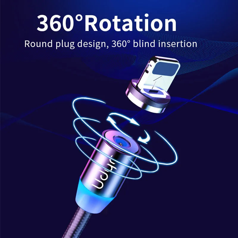 Black magnetic data cable with branching connector showing detachable iPhone, Micro USB, and Type-C magnetic heads.