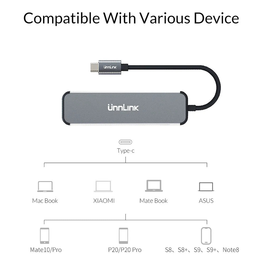 Silver aluminium alloy USB to HDMI adapter with Type-C input and HDMI, SD, TF, USB 3.0 ports