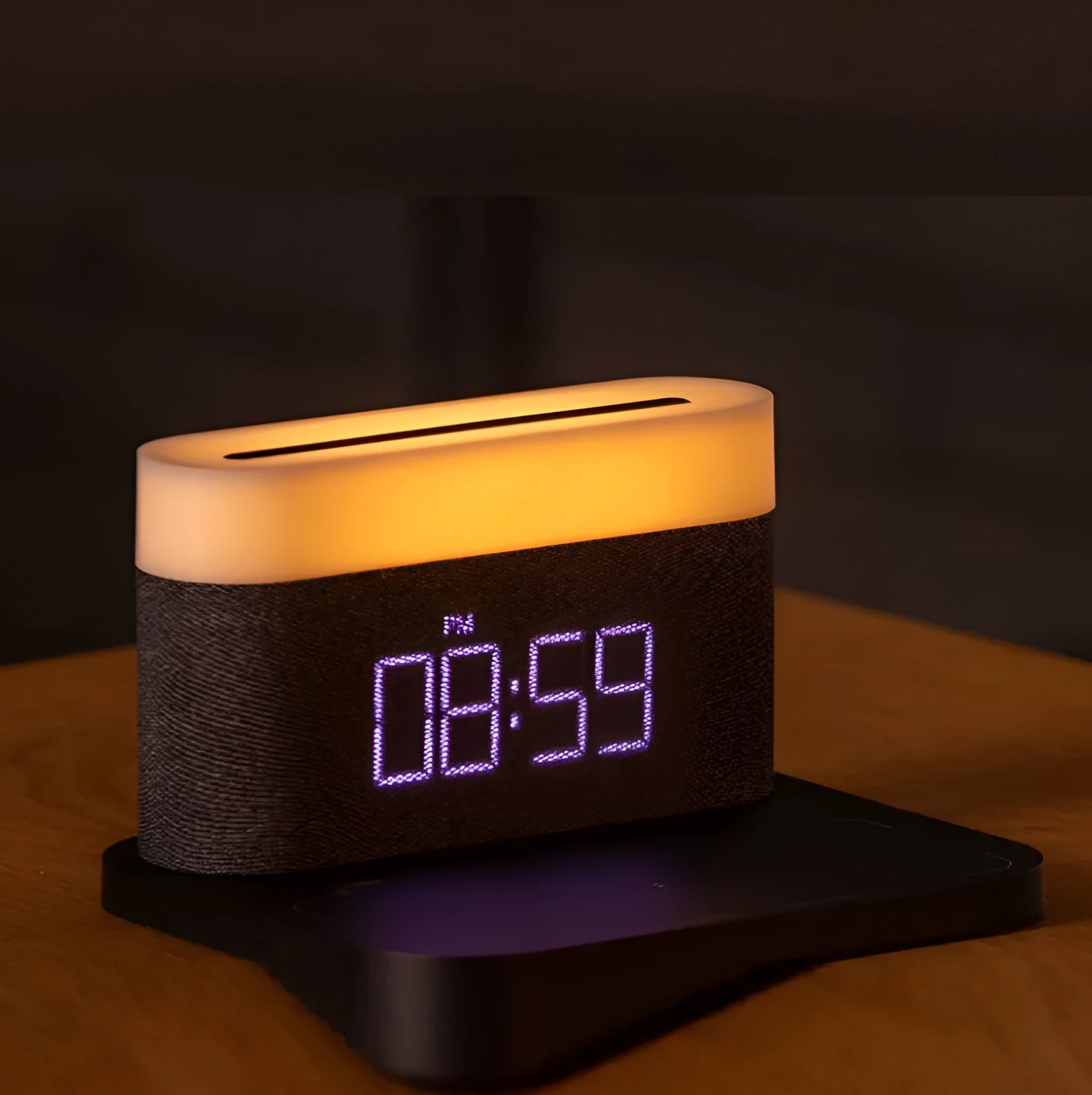 White or black four-in-one bedside lamp with wireless phone charging pad, digital clock display, and LED lighting
