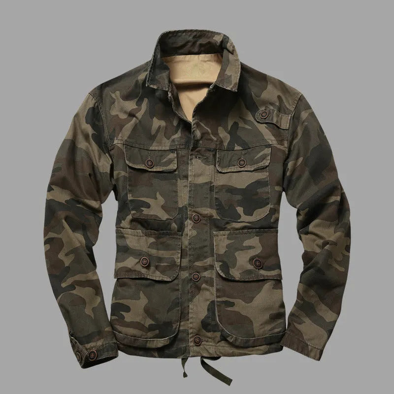 Cotton camouflage jacket with 95% cotton main fabric and lining, shown in six colourways and sizes M to 3XL